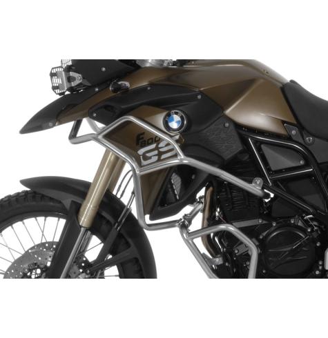 Give your BMW F800GS or F700GS's upper fairing, radiator, and forks the best protection possible with upper crash bars from Touratech.  (Pictured mounted to BMW factory crash bars, not included)