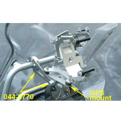 Touratech GPS Mount Adapters are the link between your BMW R1200GS Adventure and the Touratech GPS mount. Photo shows the 044-0770 supporting a "GPS mount" 065-0087.