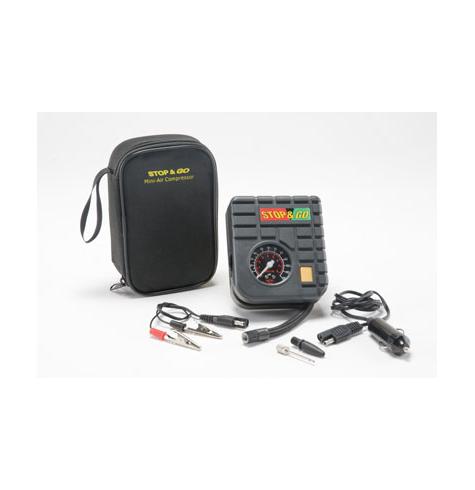 The Stop & Go motorcycle air compressor is small enough to carry with you anywhere, and tough enough to get the job done when inflating your motorcycle tires after a flat repair, or deflation for off-road riding.
